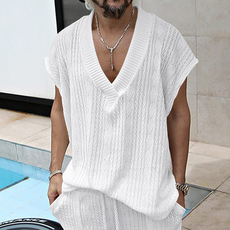 Herren nan kastiges Stricktop aus grobem Strick mit tiefem V-Ausschnitt und Strukturmuster R&B