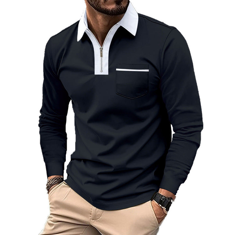 Herren nan elegantes Langarm-Poloshirt mit markantem Stehkragen Metall-Kurzreißverschluss und Brustleistentasche R&B