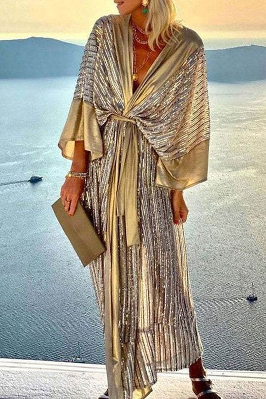 Damen Glitzerndes Maxikleid mit elegantem Wickeldesign und fließenden Ärmeln R&B