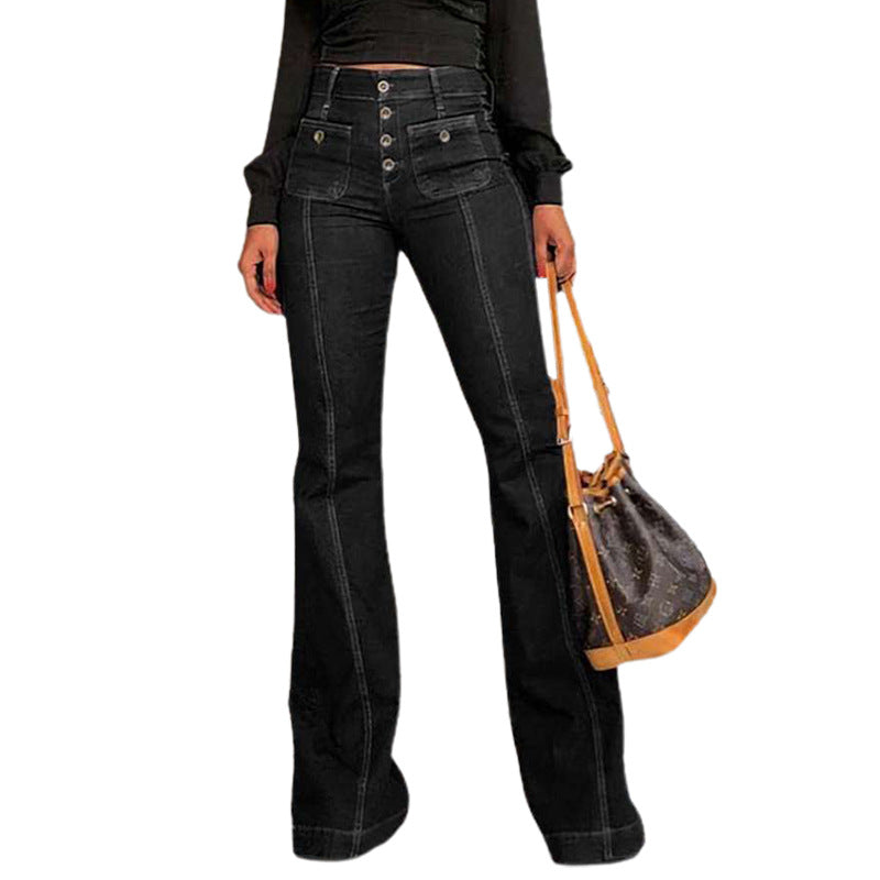 Damen Bootcut Jeans mit hohen Taillen und modischen Knopfdetails R&B
