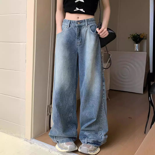 Damen Weite Denim-Hose mit hohem Taillenbund und lässigem Schnitt R&B