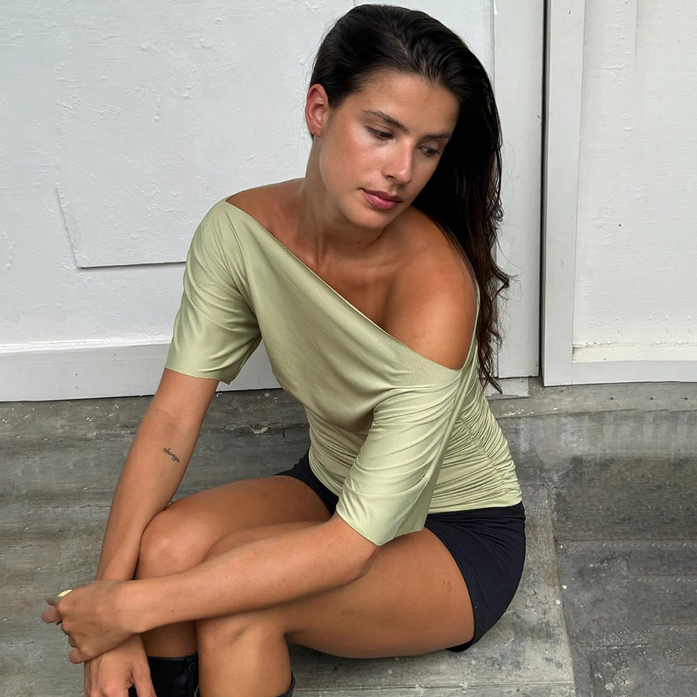 Damen Off-Shoulder Oberteil mit modischer Raffung R&B