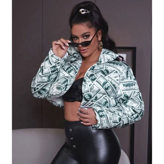 Damen modische cropped Steppjacke im Dollar-Design R&B