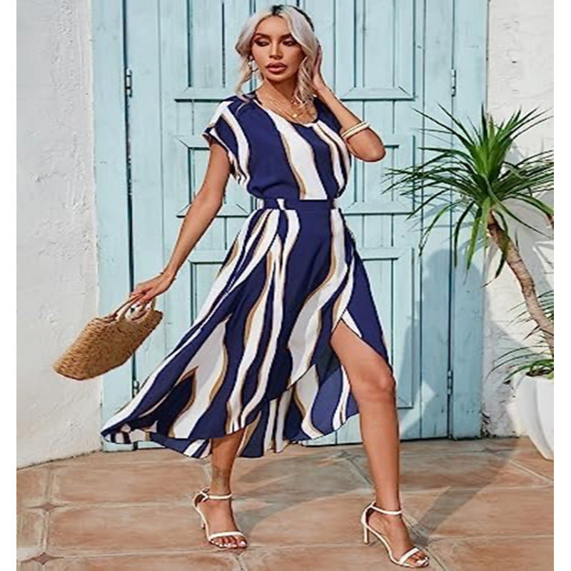 Damen Maxi-Kleid mit modernen Streifen und elegantem Schlitz R&B