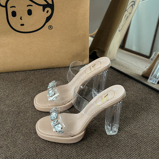 Damen Glamouröse Plateau-Sandalen mit durchsichtigen Riemen und funkelnden Kristall-Akzenten R&B