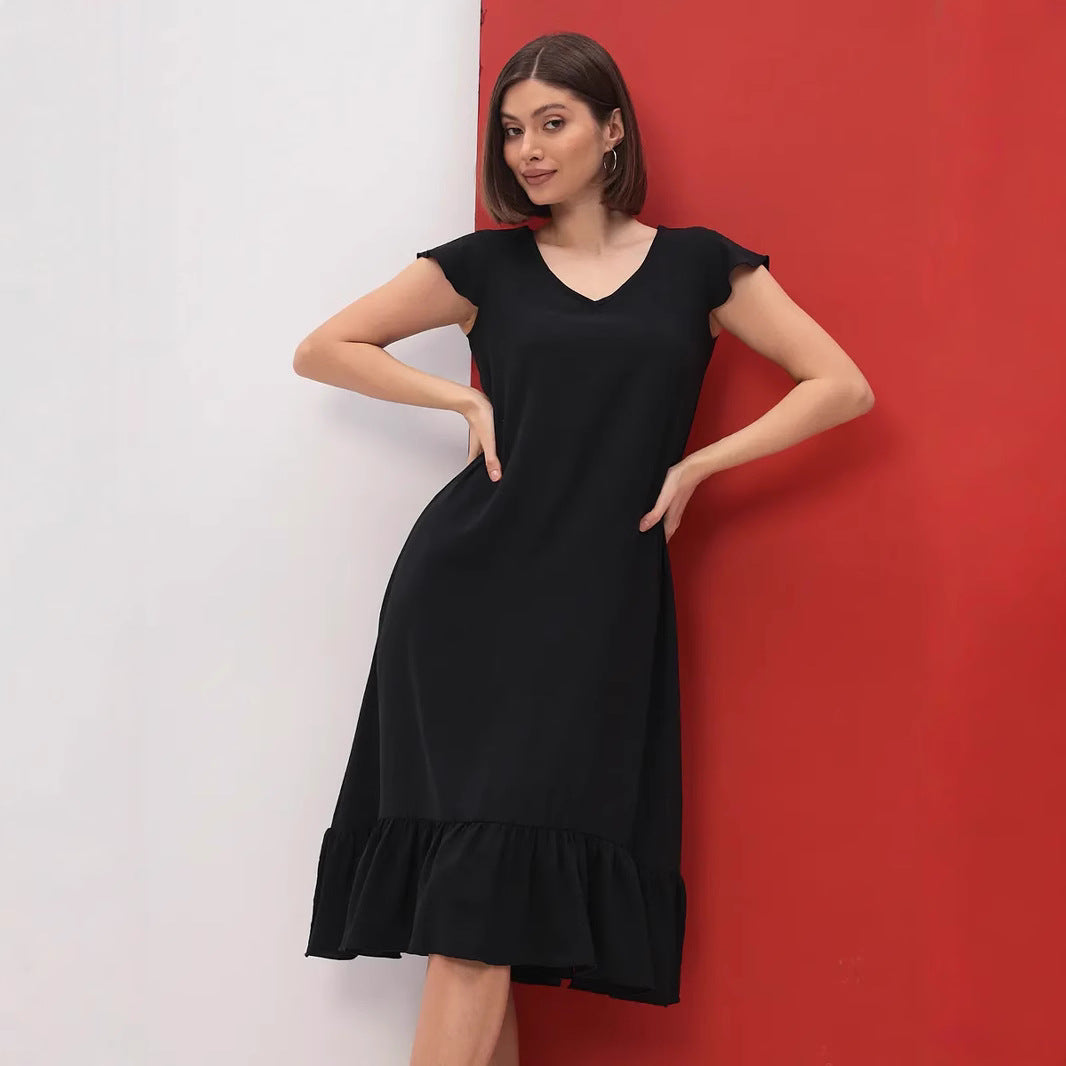 Damen Midi-Kleid mit modischem V-Ausschnitt und Rüschensaum R&B