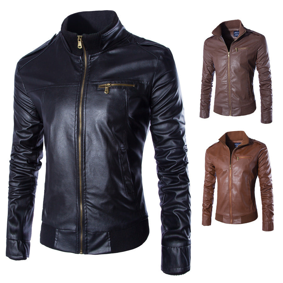 Herren modische Kunstlederjacke mit Reißverschluss und festem Kragen R&B