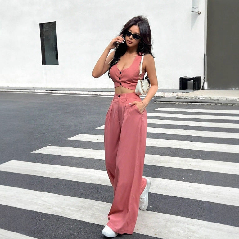 Damen Zweiteiliges Set mit tailliertem Top und weiten Hosen R&B