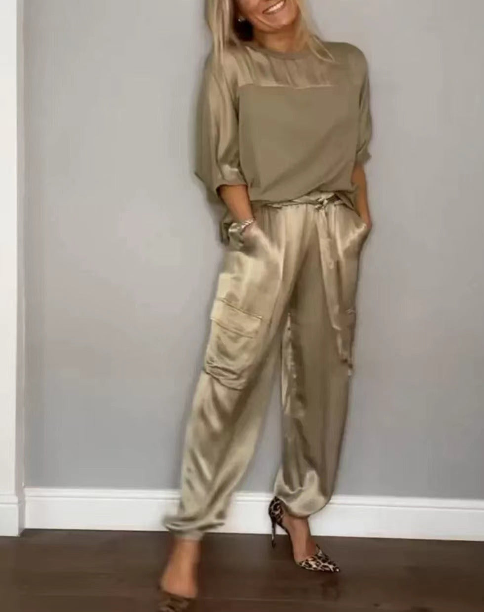 R&B | Solide Farbe glatt Satin Top zweiteilige Set für Frauen