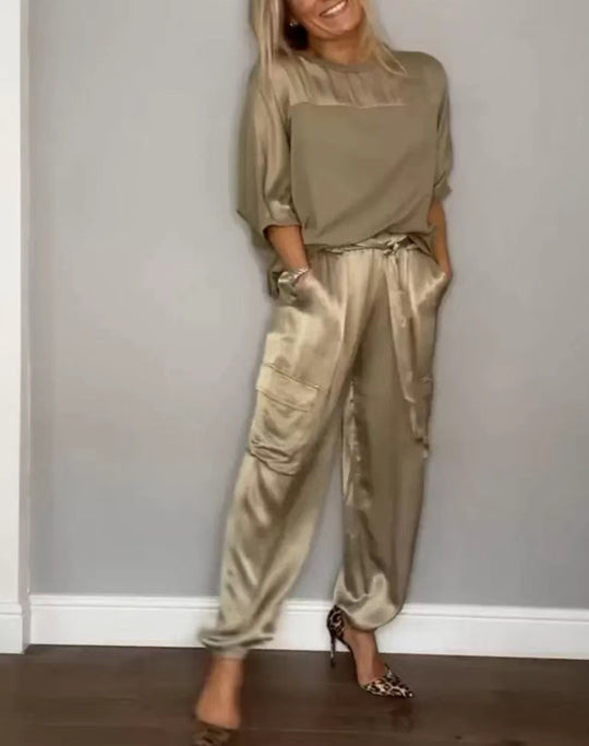 R&B | Solide Farbe glatt Satin Top zweiteilige Set für Frauen