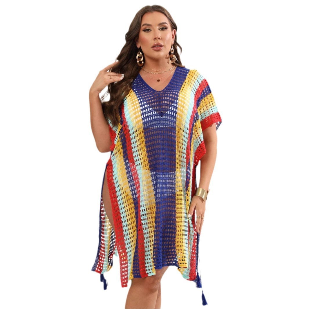 Damen luftiger Häkel-Strandponcho mit modischen Fransen R&B
