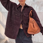 Damen Modische Suede Oversized Hemdjacke mit praktischen Taschen R&B