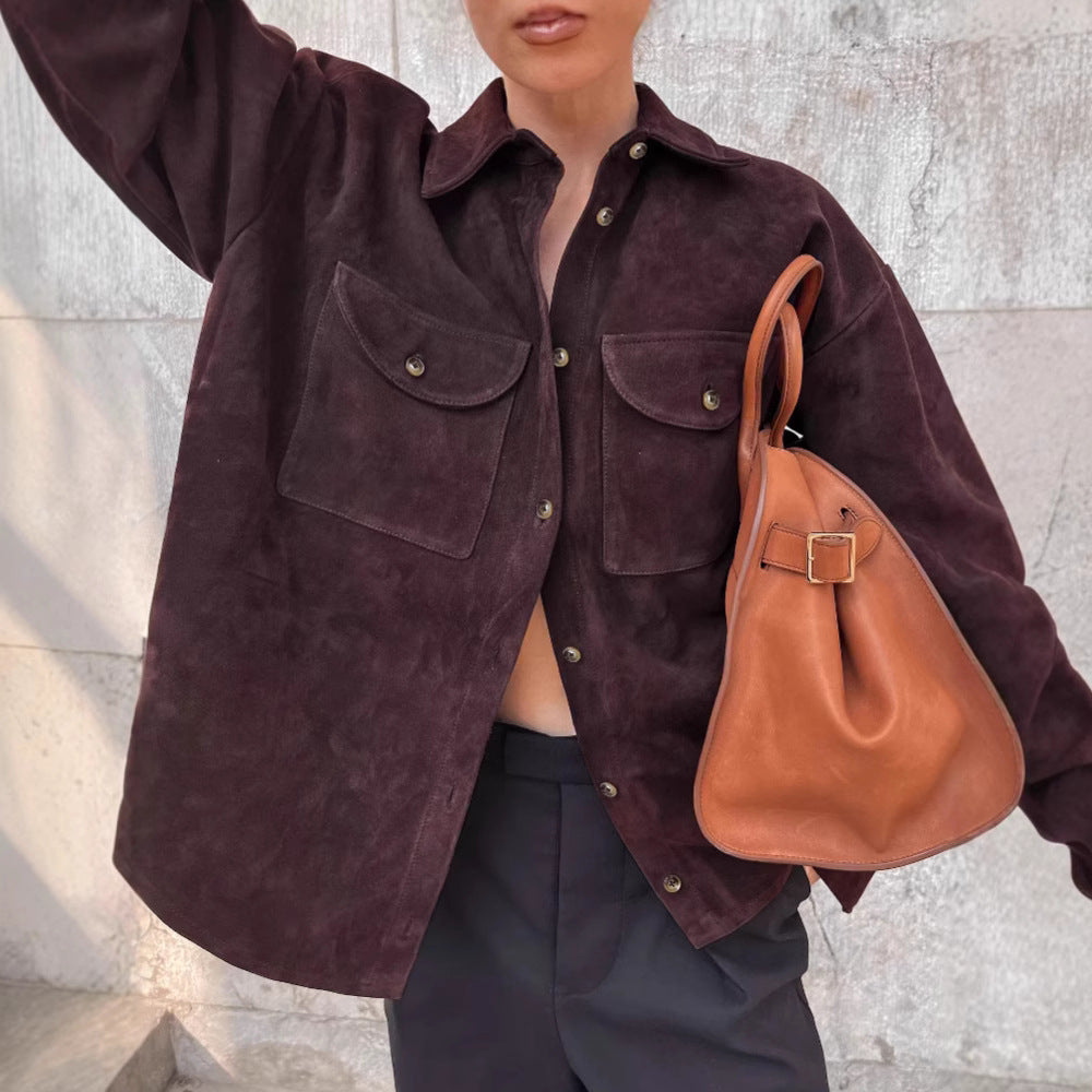 Damen Modische Suede Oversized Hemdjacke mit praktischen Taschen R&B