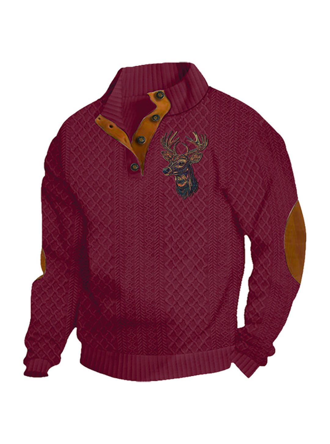 Herren nan Heritage-Strukturpullover mit Stehkragen Lederimitat-Besatz Ellenbogen-Patches und Halbknopfleiste R&B