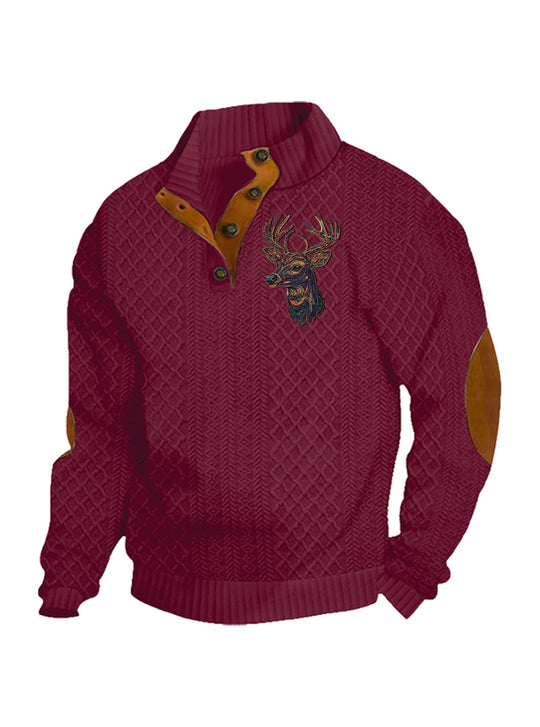 Herren nan Heritage-Strukturpullover mit Stehkragen Lederimitat-Besatz Ellenbogen-Patches und Halbknopfleiste R&B