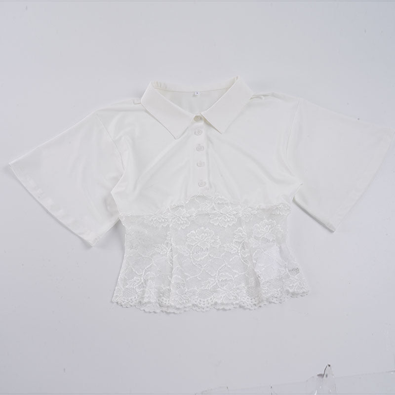 Damen Poloshirt mit romantischem Spitzenbesatz und kurzem Ärmel R&B