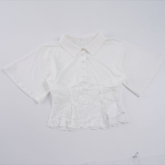 Damen Poloshirt mit romantischem Spitzenbesatz und kurzem Ärmel R&B