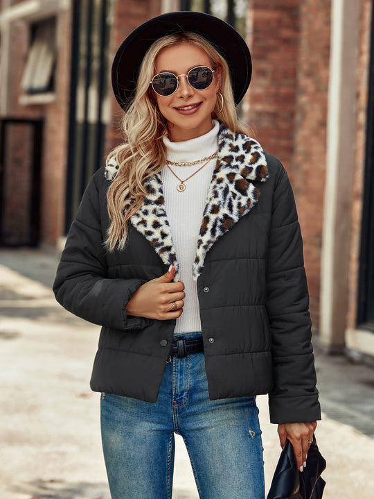 Damen Modische Steppjacke mit Leopardenkragen R&B