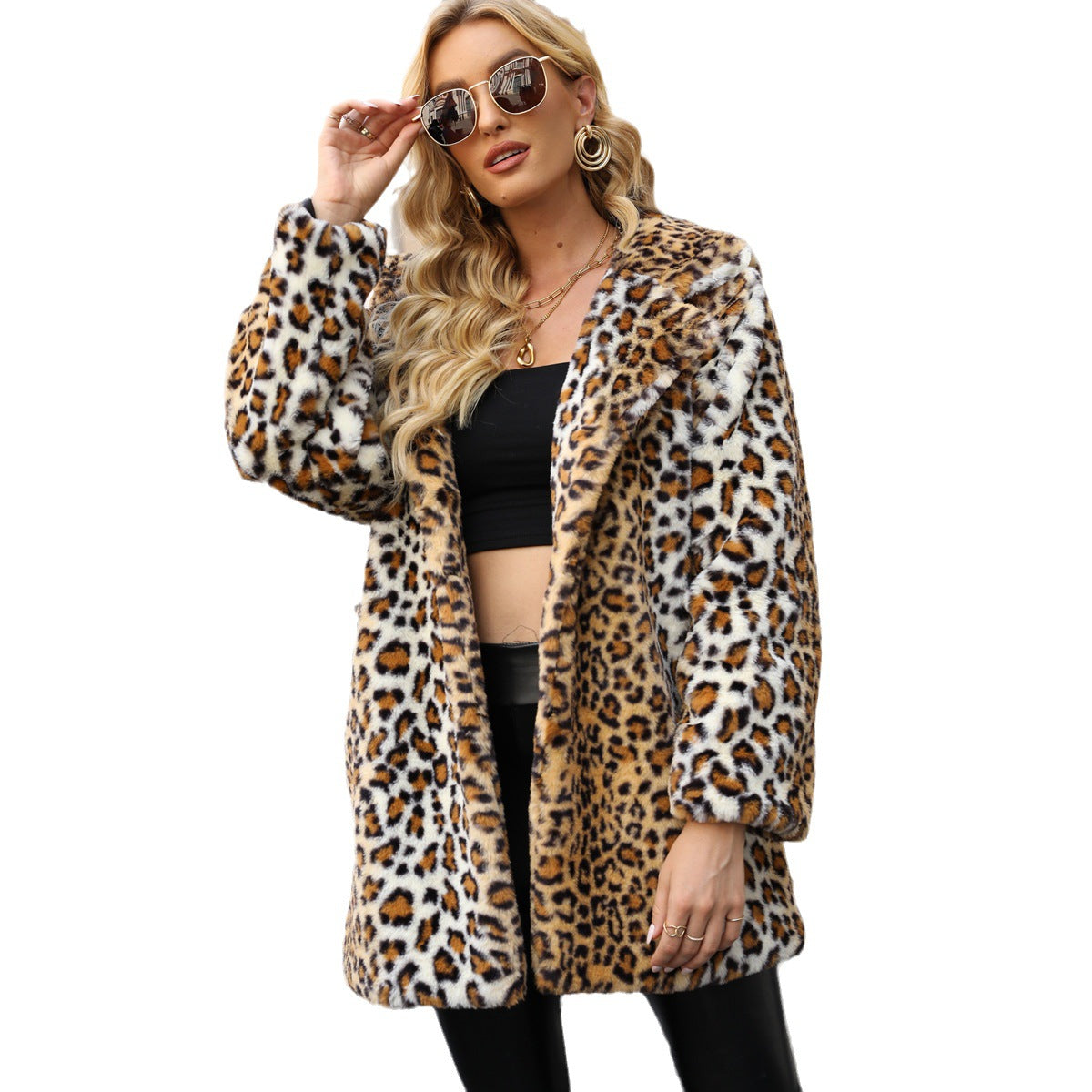 Damen Elegante Kunstfelljacke mit Leopardenmuster R&B