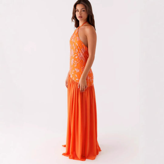 Damen Elegantes Maxikleid mit floralem Print und schwingendem Rock R&B