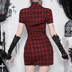 Damen Kurzarmkleid im schottischen Karomuster mit Knopfleiste und dekorativen Details EB