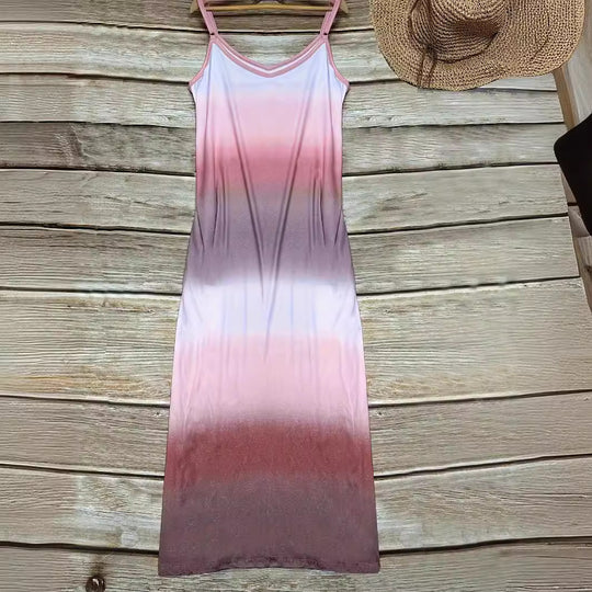 Damen Maxikleid mit sportlichem V-Ausschnitt und modischem Farbverlauf R&B