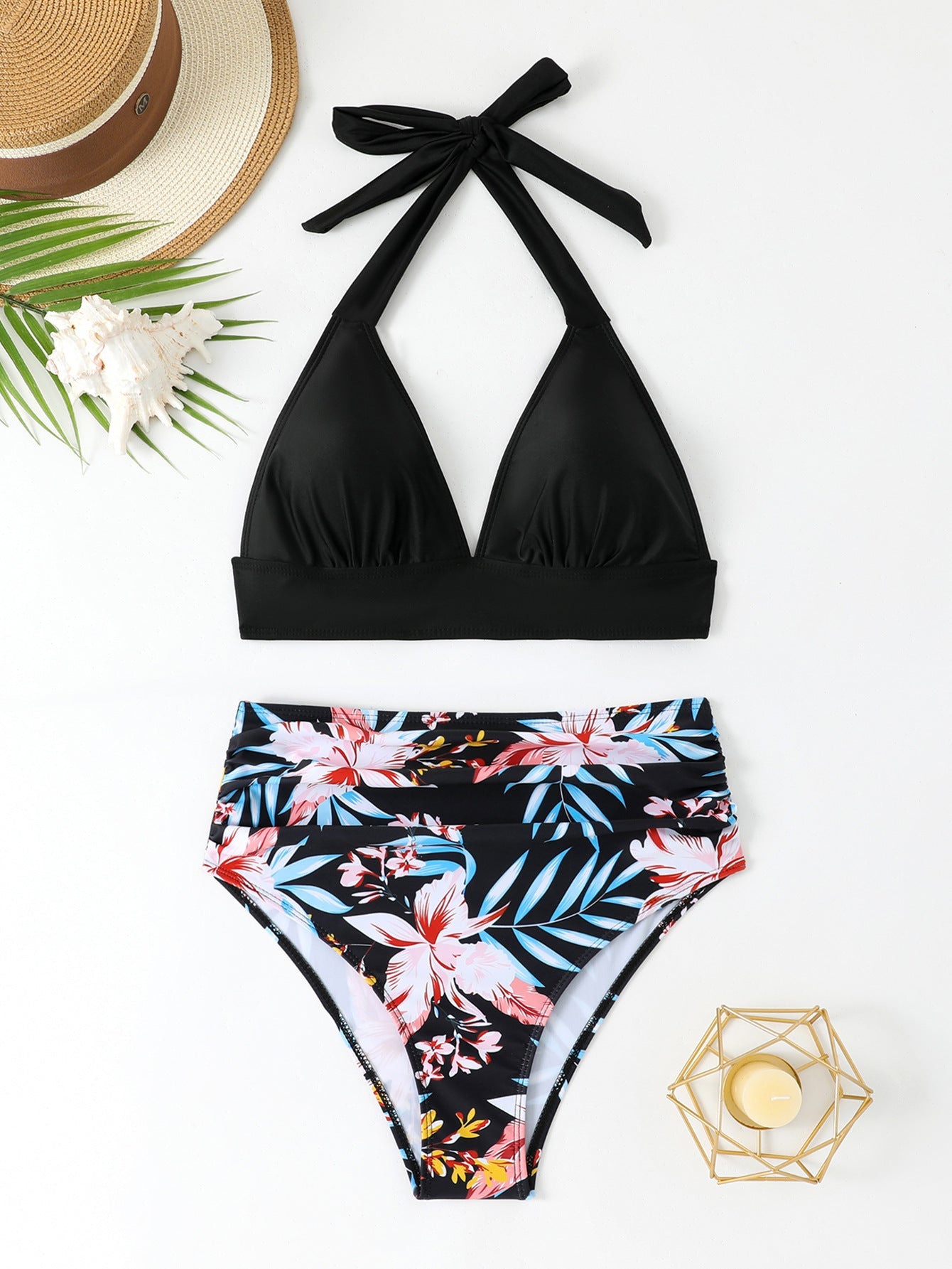 Damen Hochtailliertes Triangel-Bikini-Set mit floralem Design R&B