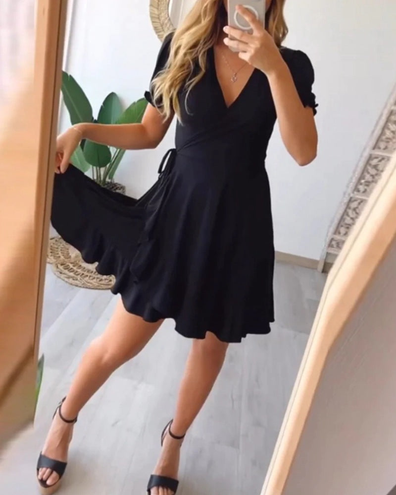 Damen nan leichtes Wickelkleid mit V-Ausschnitt, Kurzärmeln, Taillenband und Volantrock R&B