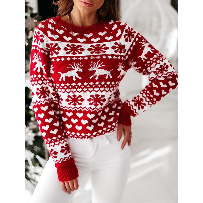 Damen Strickpullover mit weihnachtlichem Muster und Rundhalsausschnitt R&B