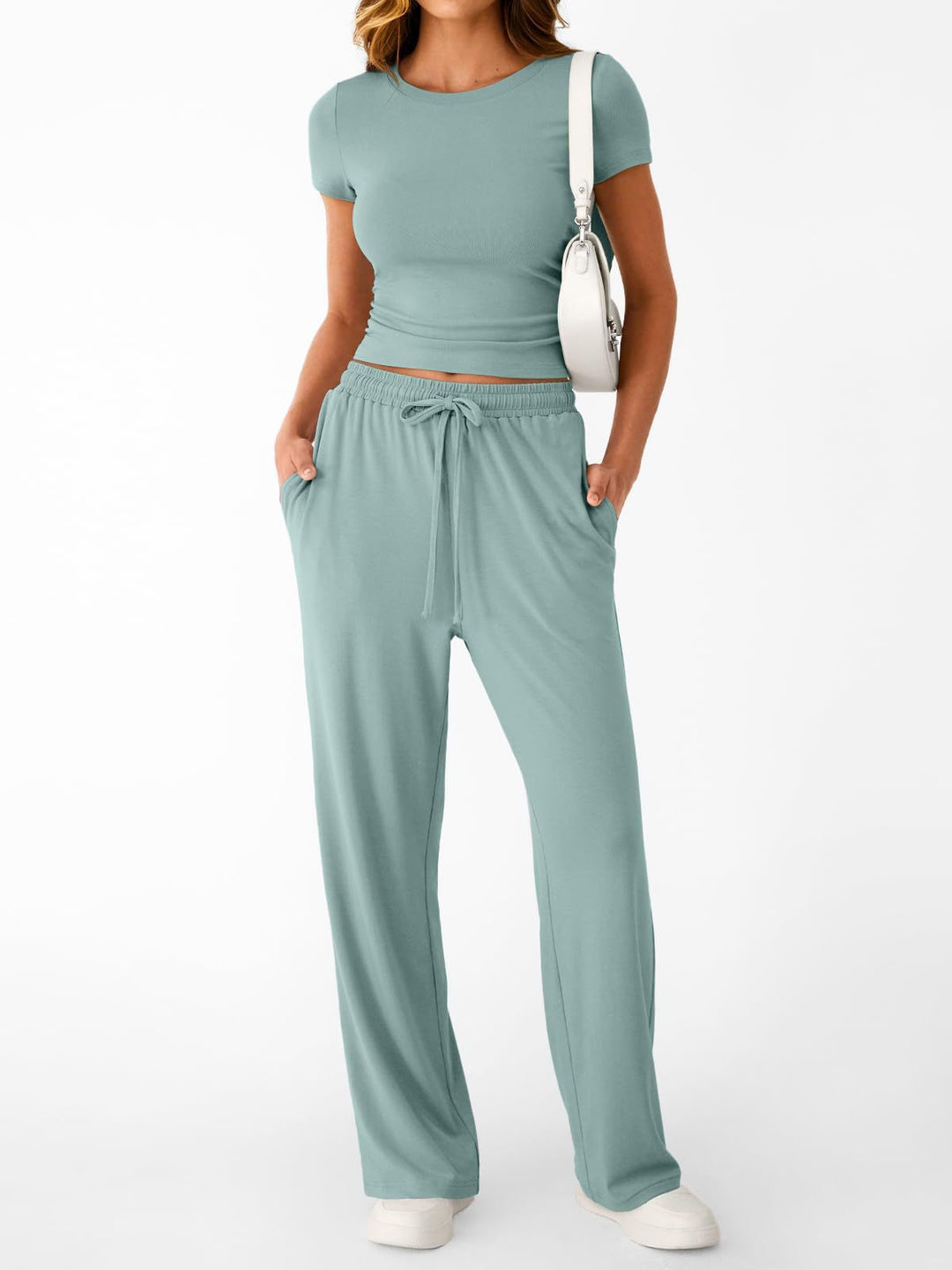 Damen lässiger Freizeitanzug mit kurzen Ärmel und weiten Hosen R&B