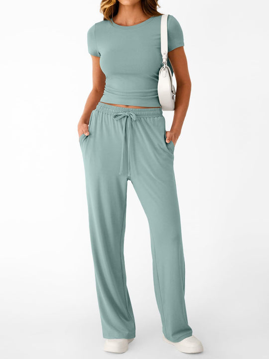Damen lässiger Freizeitanzug mit kurzen Ärmel und weiten Hosen R&B