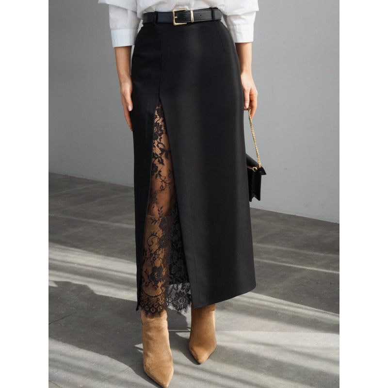 Damen Eleganter Maxirock mit transparentem Spitzeneinsatz und seitlichem Schlitz R&B