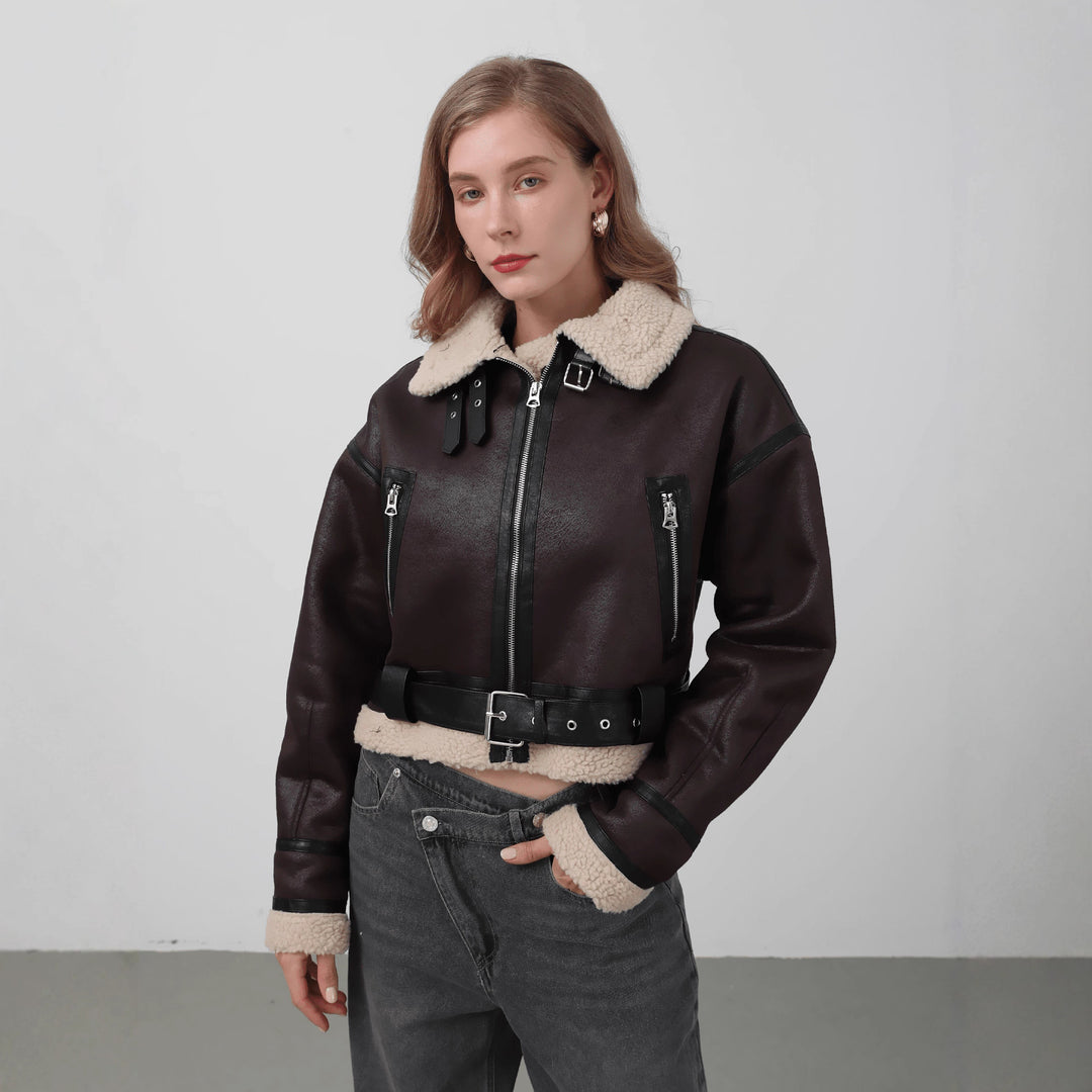 Damen modische Kurzjacke mit Schurwollkragen und Reißverschlusstaschen R&B