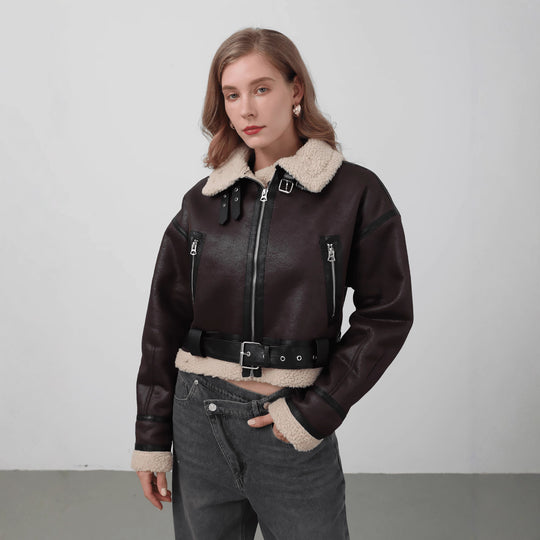 Damen modische Kurzjacke mit Schurwollkragen und Reißverschlusstaschen R&B