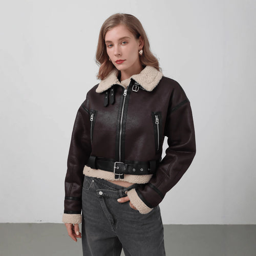 Damen modische Kurzjacke mit Schurwollkragen und Reißverschlusstaschen R&B
