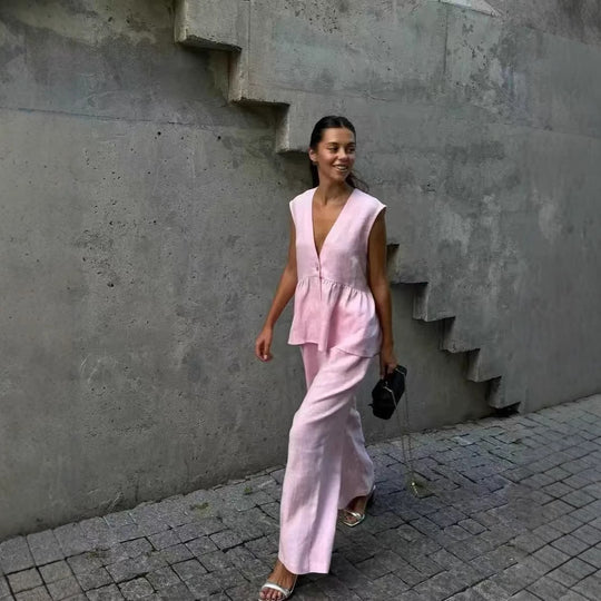 Damen elegantes Leinen-Outfit mit schickem Oberteil und weiten Hosen R&B