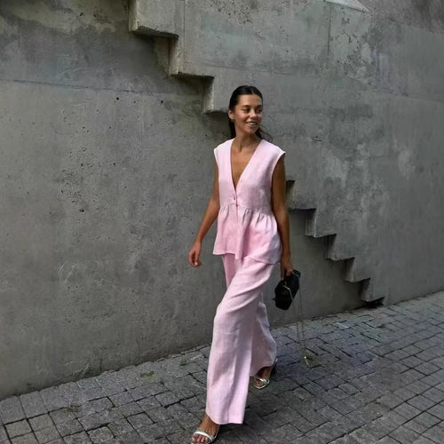 Damen elegantes Leinen-Outfit mit schickem Oberteil und weiten Hosen R&B