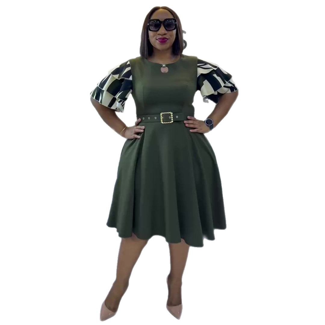 Damen A-Linien Kleid mit eleganten Puffärmeln und Gürtel R&B