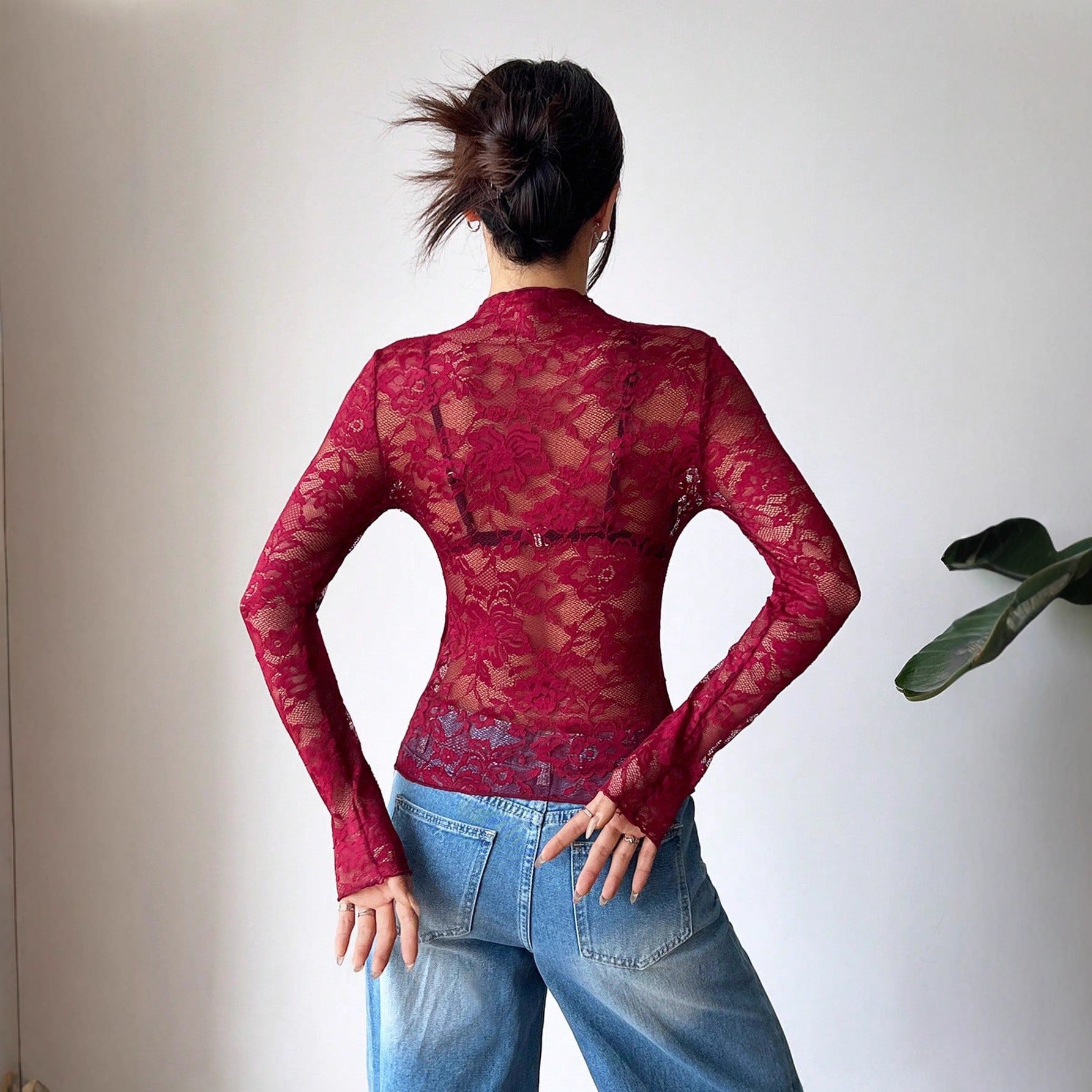 Damen nan figurbetontes transparentes Spitzen-Crop-Top mit hochgeschlossenem Kragen und integrierter Bustier-Form R&B