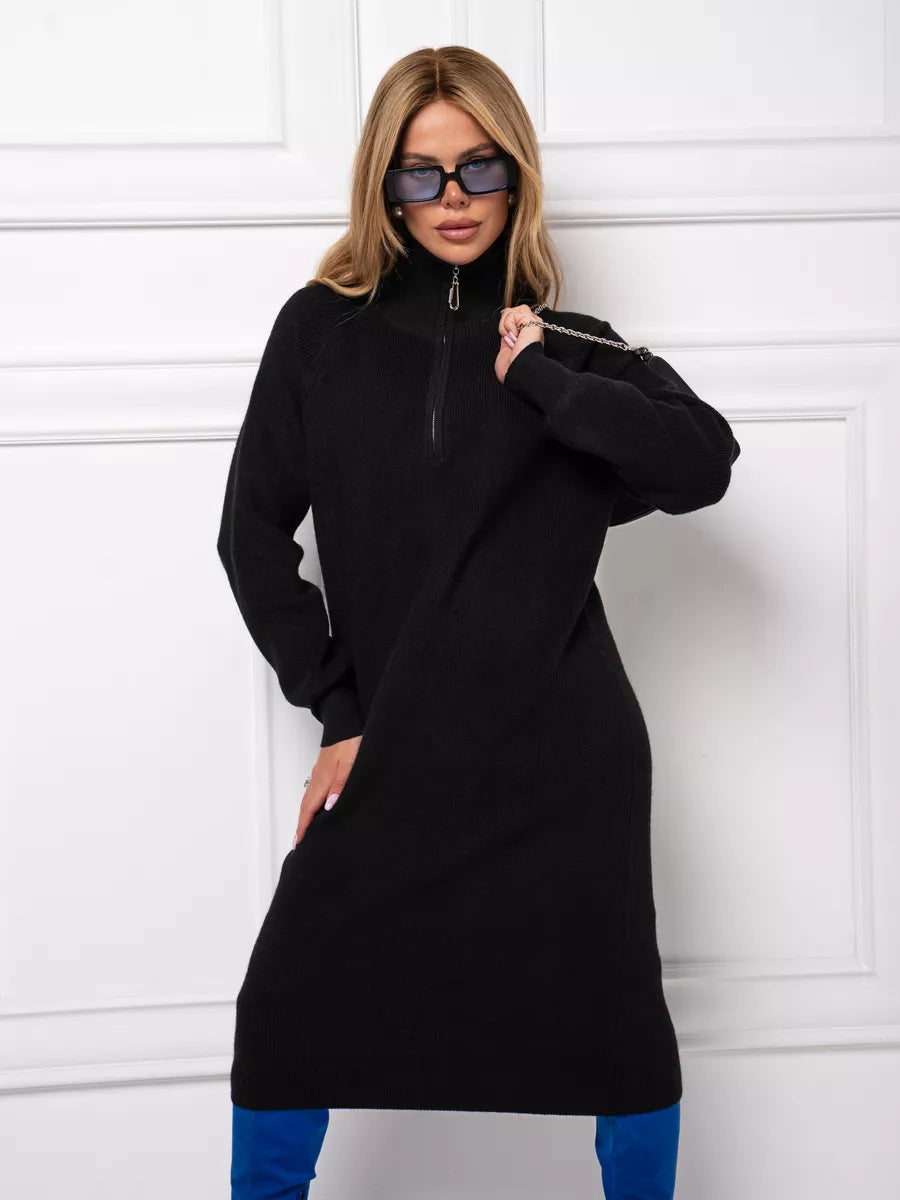 Damen Strickkleid mit Stehkragen und durchgehendem Reißverschluss R&B