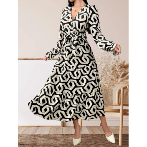Damen Maxi-Kleid mit modernem geometrischen Druck und taillierbarem Design R&B