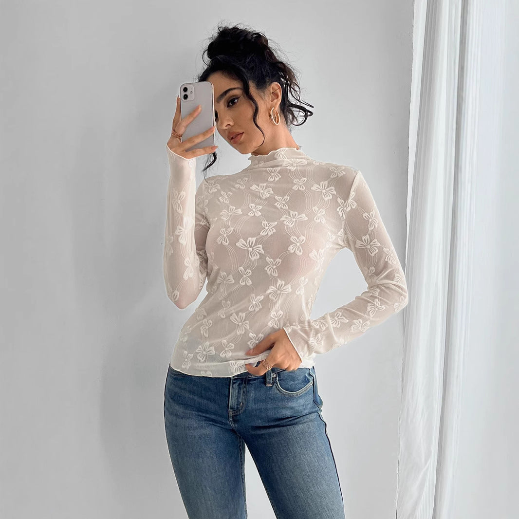 Damen transparenter Bodysuit mit elegantem Blumenmuster und hohem Kragen R&B
