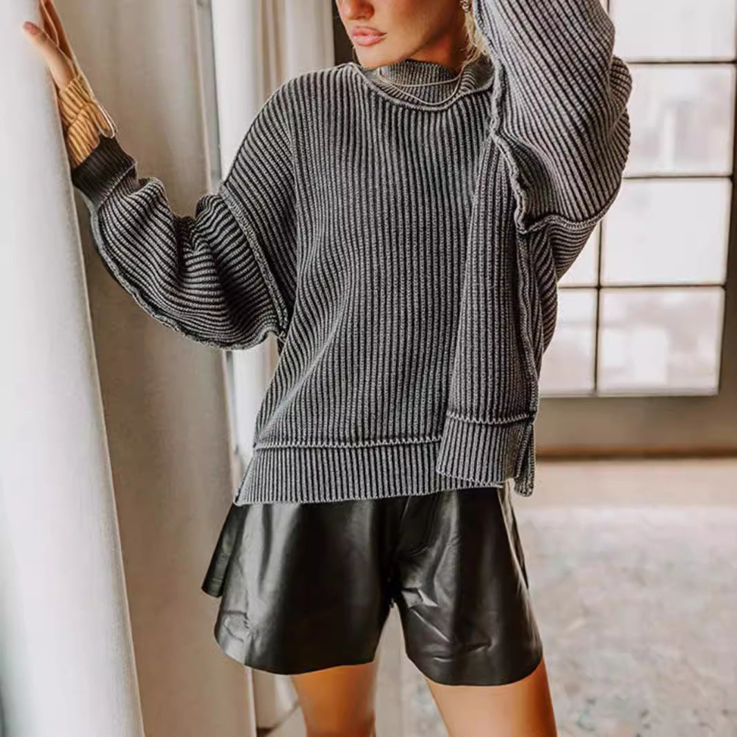 Damen lässiger Strickpullover mit strukturiertem Rippdesign R&B