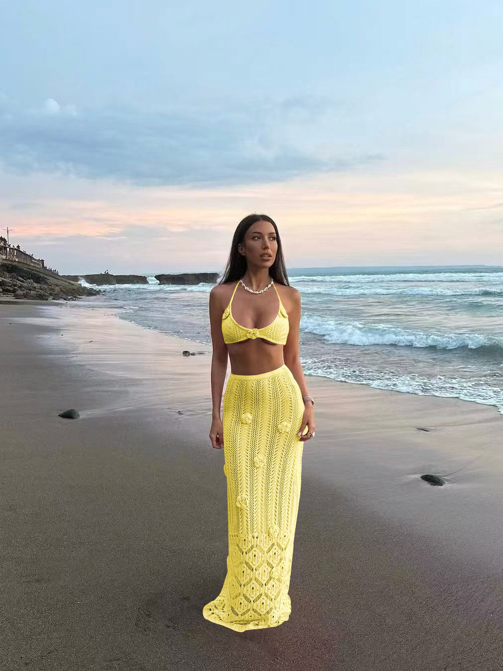 Damen Häkel-Strandkleid mit Kapuzenshirt R&B