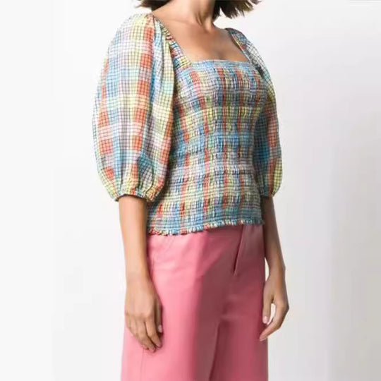 Damen Puffärmel Bluse mit kariertem Design R&B