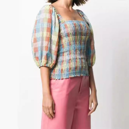 Damen Puffärmel Bluse mit kariertem Design R&B