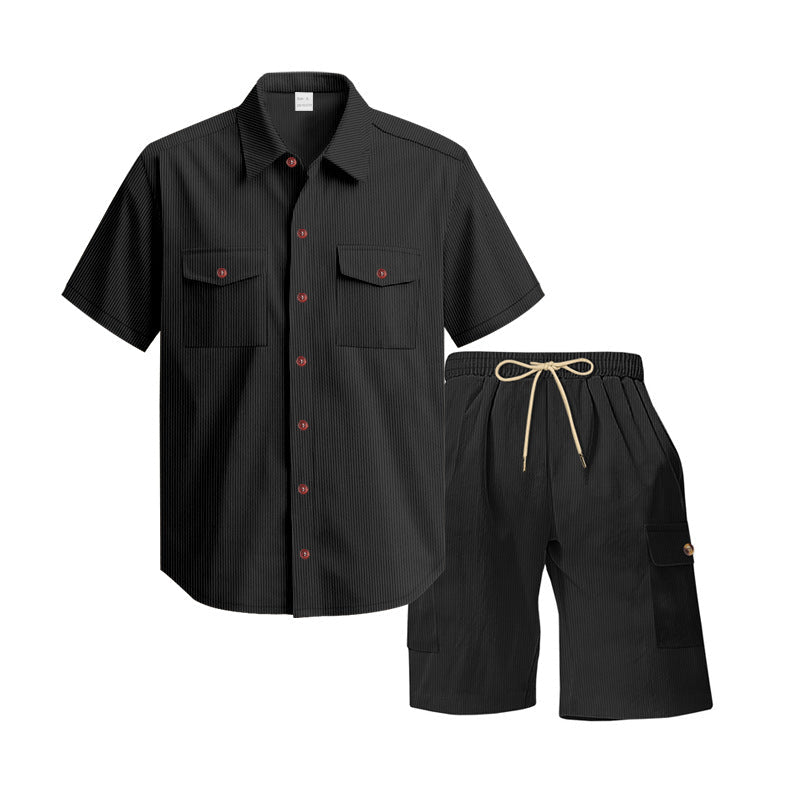 Herren nan strukturiertes Kurzarmhemd und Bermuda-Set mit Pattentaschen und elastischem Bund R&B
