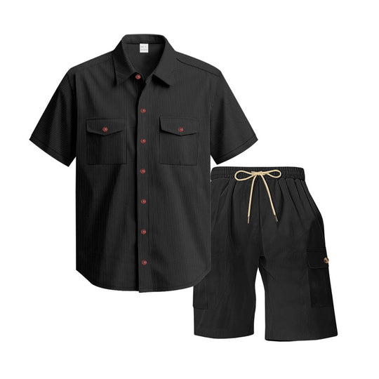 Herren nan strukturiertes Kurzarmhemd und Bermuda-Set mit Pattentaschen und elastischem Bund R&B