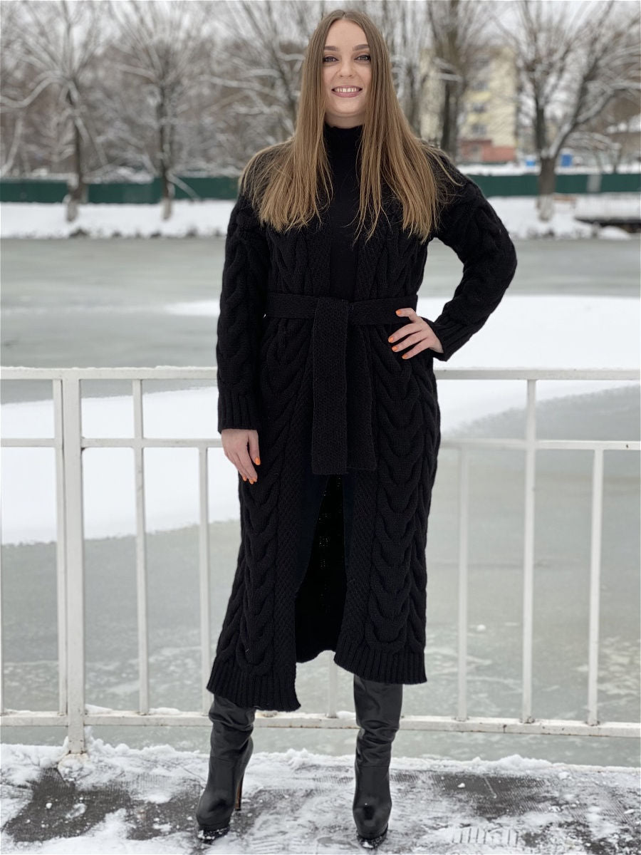 Damen Grobstrick-Mantel mit markantem Zopfdesign und offenem Schnitt R&B