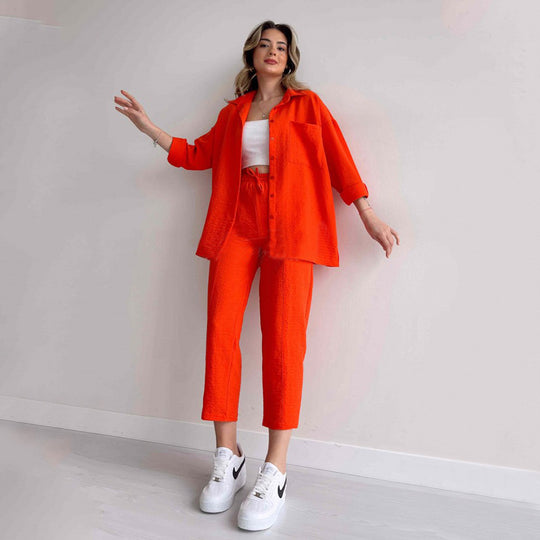 Damen lässige Loungewear-Kombination mit leichtem Leinenhemd und elastischer Hose R&B